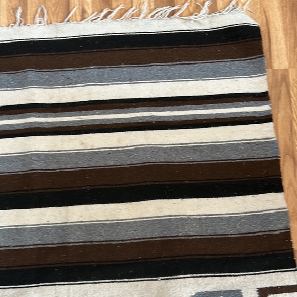 Vintage Mexican wool rug blanket eagle snake brown black stripe fringe boho82x47 - Picture 13 of 16